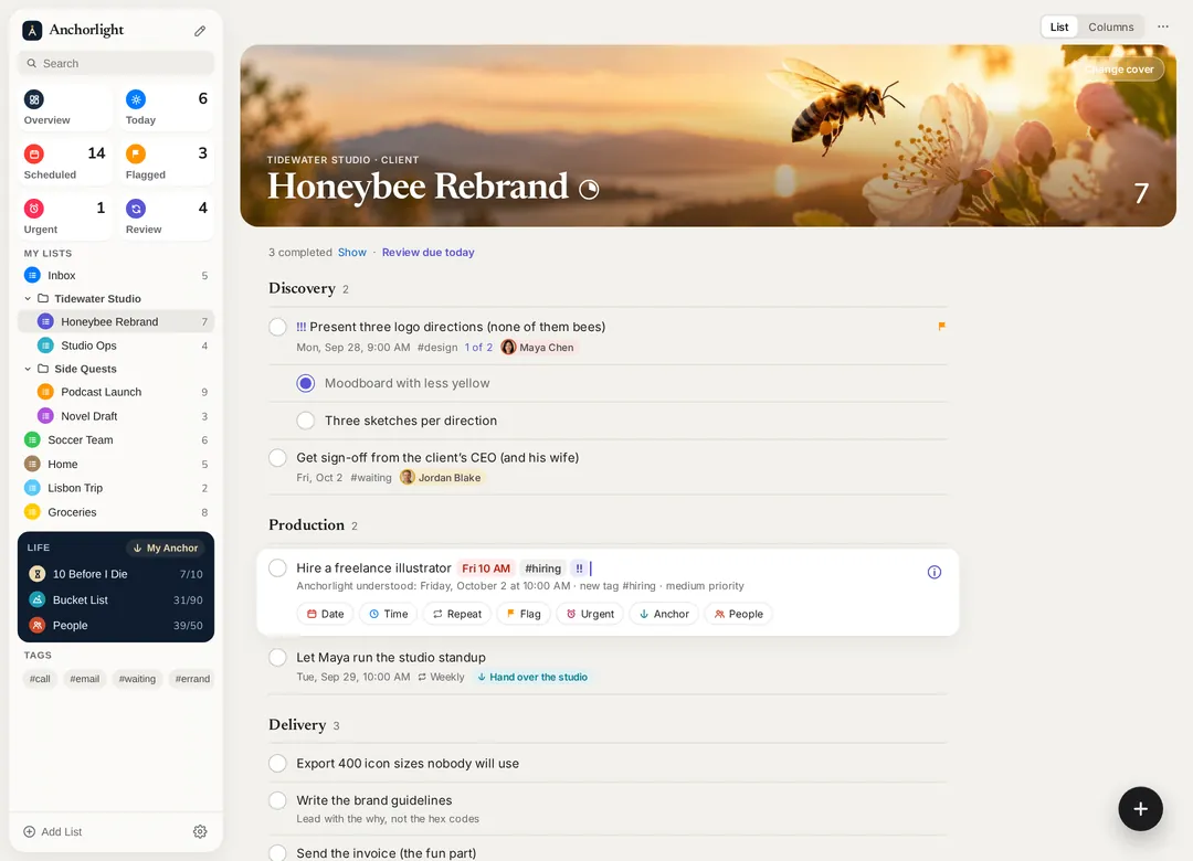 A list on Mac with a cover photo. One reminder is being typed in natural language, and another shows its anchor, Hand over the studio.