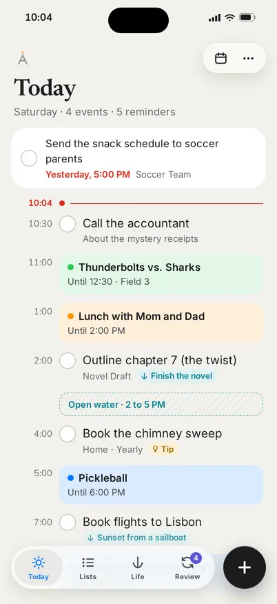 Anchorlight on iPhone: Today, with an overdue reminder and the day as a timeline.