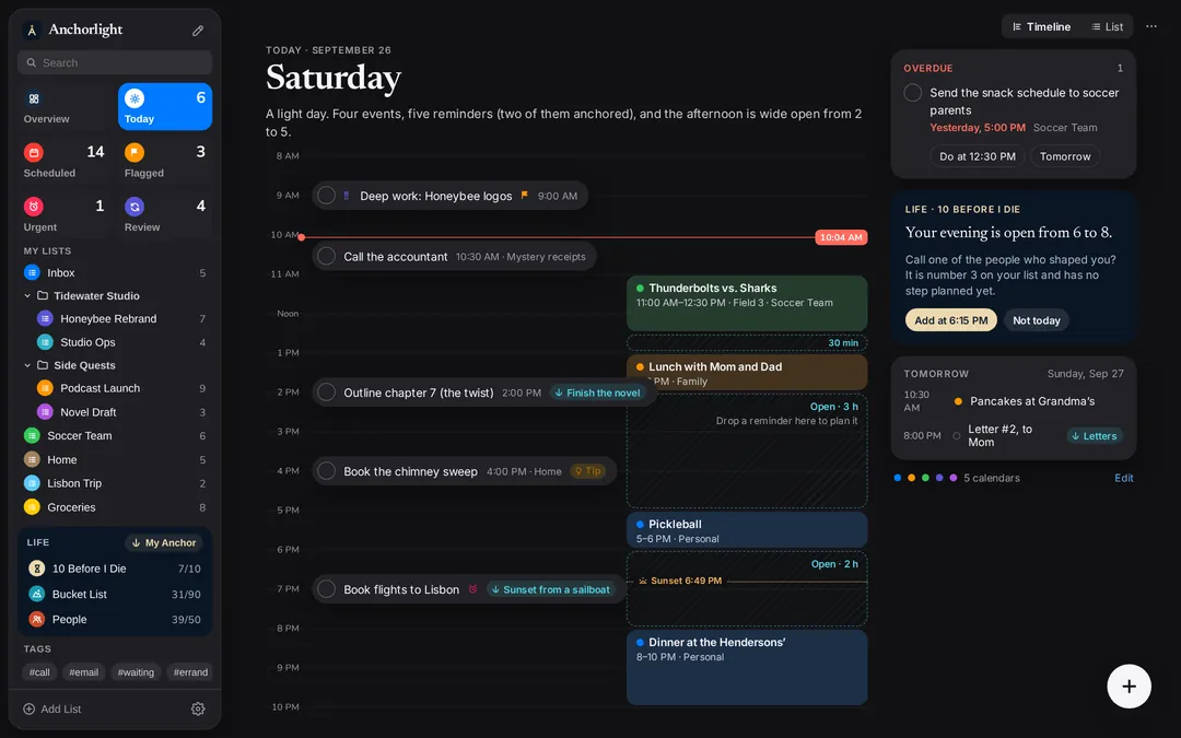Anchorlight on the web in dark mode: Today as a timeline.